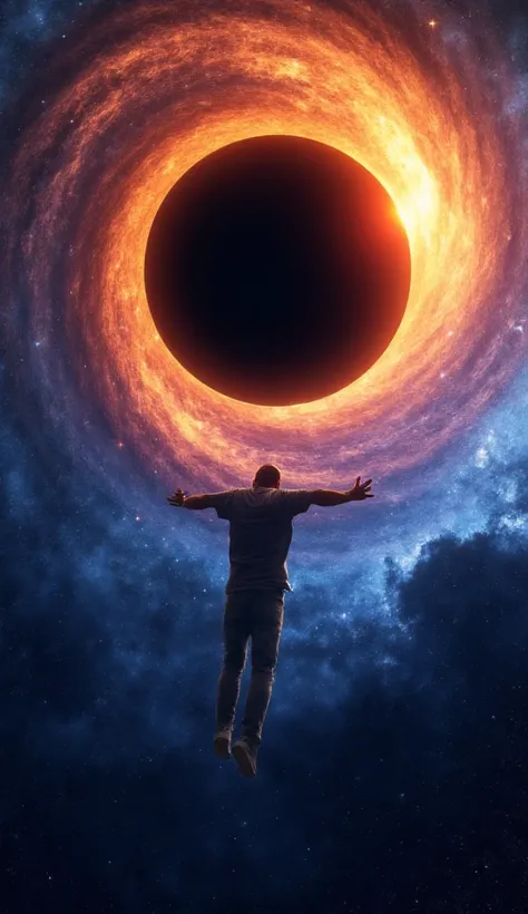 "An ultra-realistic depiction of a person free-falling through the infinite void of space, captured from a bird’s-eye view, showing their back as they descend into the cosmic abyss. The person is wearing casual c"An ultra-realistic depiction of a person fr...