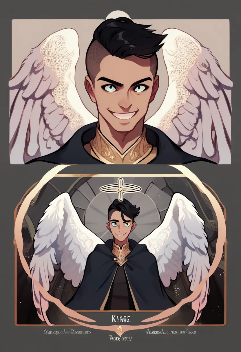 1boy, angel king, reference sheet, reference, the king's clothes, royal cloak, black hair, buzz cut, smile, wings, angel, smile,...