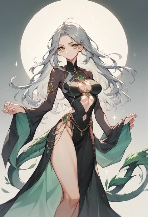 Character portrait，whole body，Gray Hair， long hair，Green Eyes，Sister，Monastic Clothes， beautiful legs with tails，Black clothes，Believers
