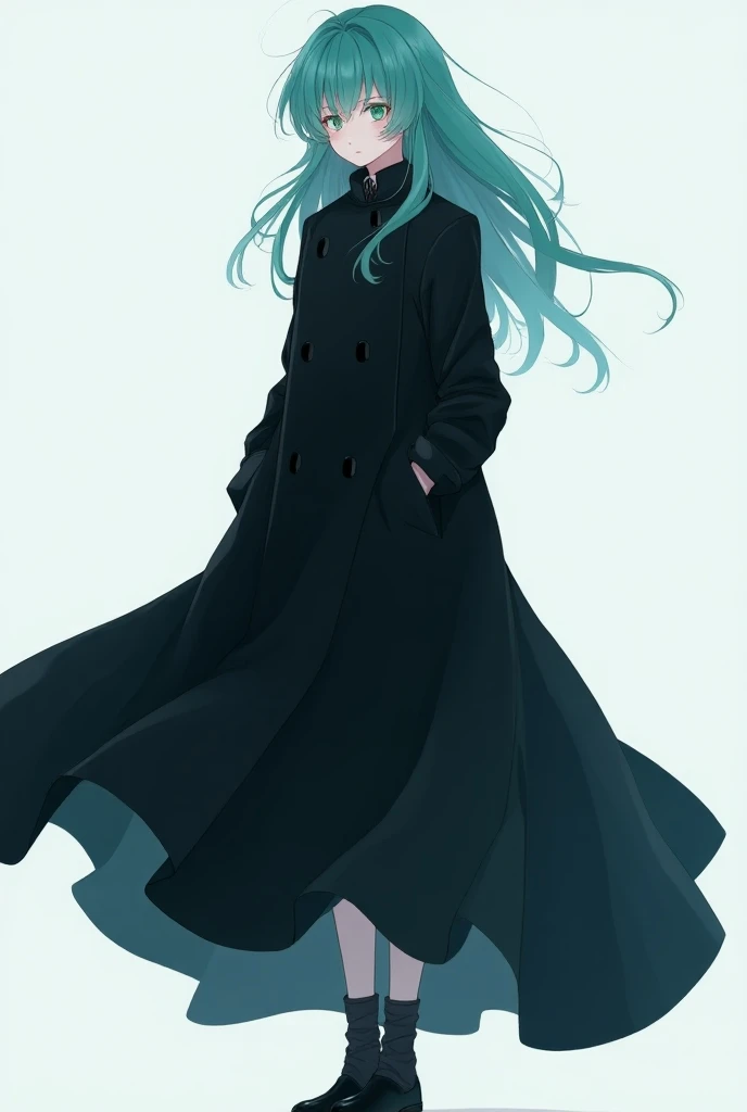 a beautiful 15-year-old girl with teal hair wearing a long black coat, full body portrait, anime style illustration, best quality, high resolution, feet in frame, widescreen