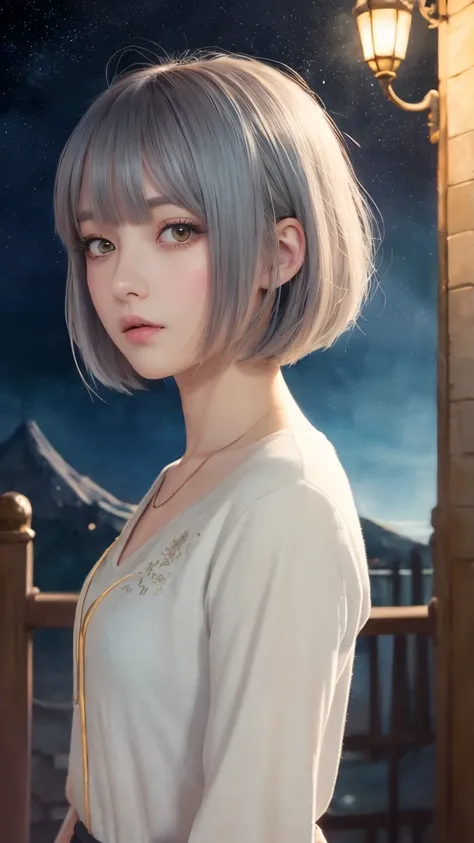 beautiful女の子がバーテンダーの格好,  watercolor illustration , Grey Bob Hair,  firm hair , Night Scenery, beautiful digital illustration,  fantasy background, beautiful, masterpiece, Best Quality,  anime Disney style , ( detail eyes ) , Golden Ratio, Perfect compositi...