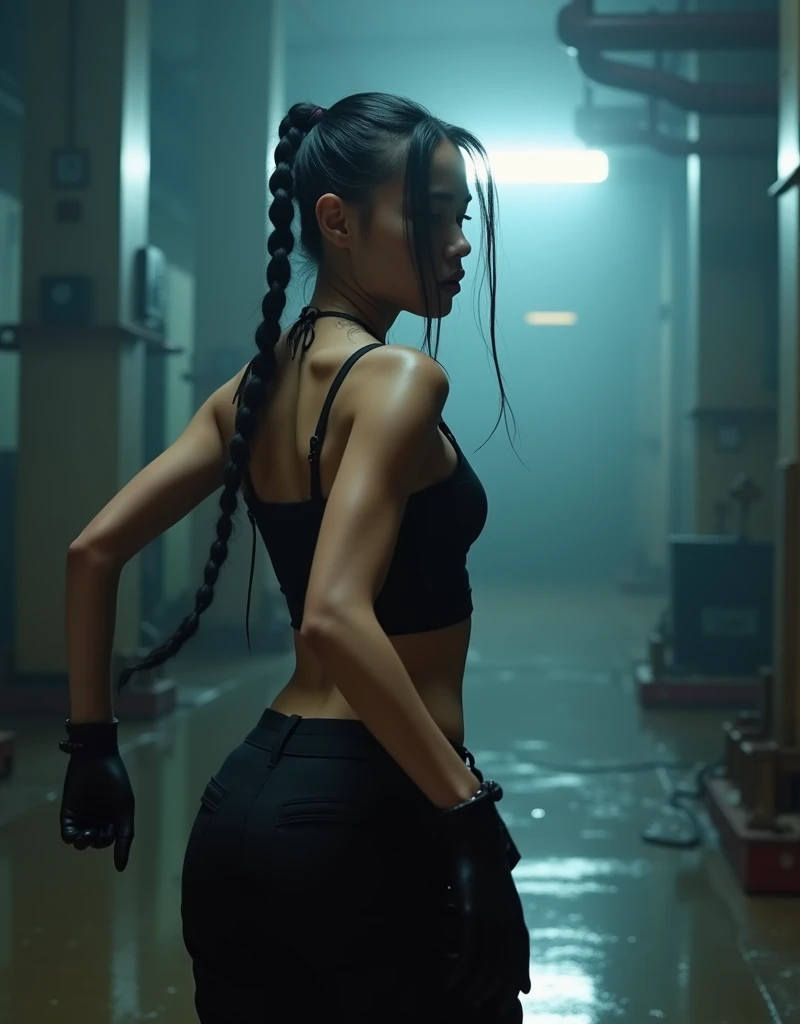 Billie Eilish, cinematic lighting, black hair,　　　　A woman dancing in a factory, a single fluorescent light shining intensely on her from above, tightly braided hair, black tight tank top, abs, cleavage, attractive body, wet skin, eroticism, black gloves, b...