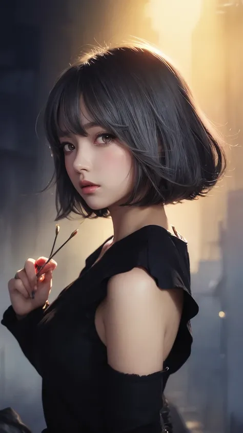 beautiful女の子が黒いスーツ,  watercolor illustration , Grey Bob Hair,  firm hair , Night Scenery, beautiful digital illustration,  fantasy background, beautiful, masterpiece, Best Quality,  anime Disney style , ( detail eyes ) , Golden Ratio, Perfect composition