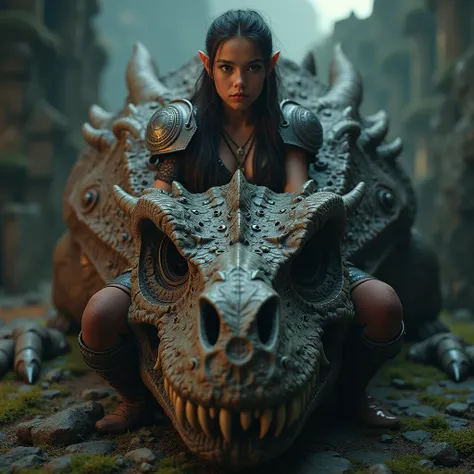 front camera, a barbarian girl sitting on a huge prehistoric dragon skull, extremely detailed face and eyes, beautiful detailed lips, beautiful detailed hair, extremely detailed skin, intricate detailed armor, dramatic lighting, cinematic composition, epic...