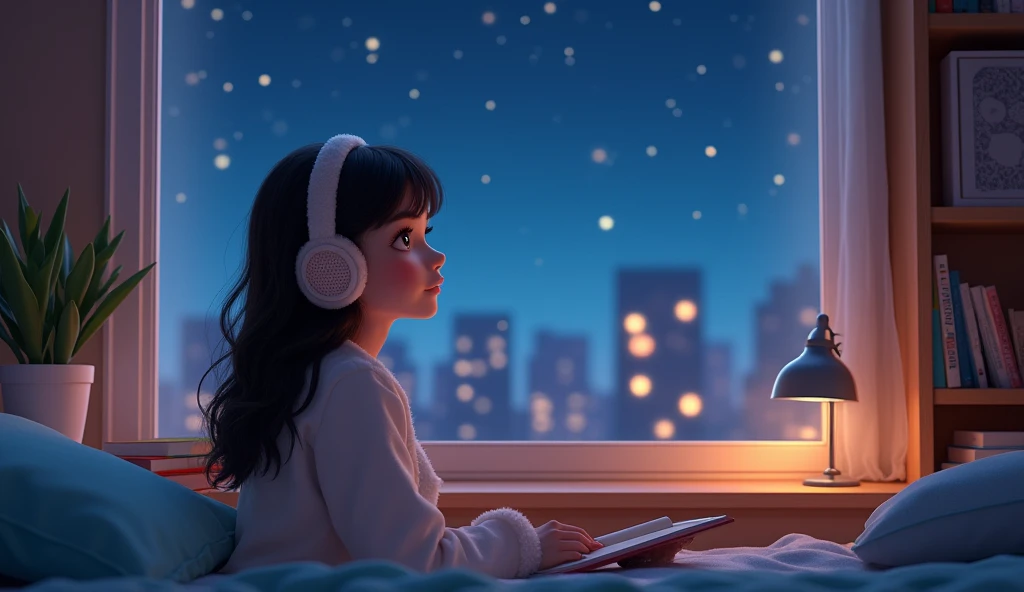 街の彼女の部屋で美しいティーンエイジャーウォーリングイヤーパッドは、Beautiful teenager walling earpads in her room in the city with books studded in front of the stars in the night window 、 surrenders、8k、Super Detailed HD、Pixar Style、 Hi-Res、16:9