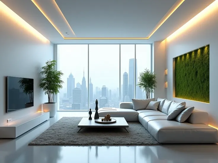 Interior design of a high-tech futuristic living room with a clean, minimalist aesthetic. The room has white walls with LED strips embedded in the ceiling, and the furniture is metallic with soft, rounded edges. A large window reveals a sci-fi cityscape ou...