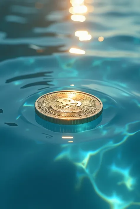 Coin written by Dj CA under crystal clear waters with reflection of the sun