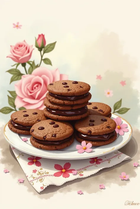 Une illustration dans un style doux vintage et fleuri de cookies au chocolat 