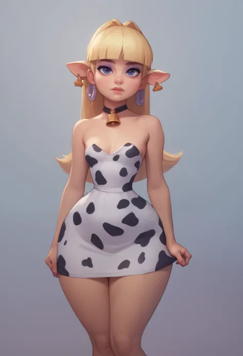 Pacifica Northwest. Small saggy breasts. huge hips. thin body, long blond hair with bell-shaped bangs and dark blue eyes. She also has thick purple eye shadow and lavender ring earrings. cow dress. farming