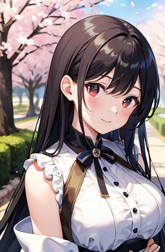 (masterpiece), Best Quality,  Hi-Res,  several people having fun with each other while having very detailed ,  detailed background ,  full light, Outdoor,  1 girl, Cherry blossoms in full bloom, big chest、 long black hair 、