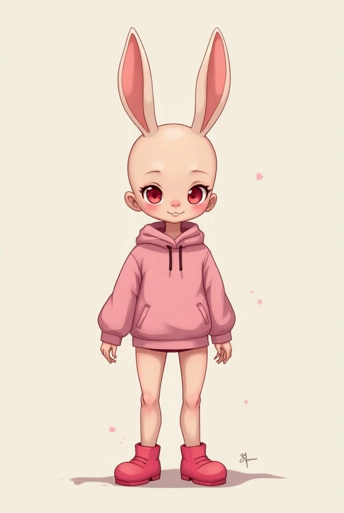 1 girl has pink skin, she has no hair, she has a cute bunny face, she wears pink shoes, she stands with a shy posture, she wears red underwear, anime animation style