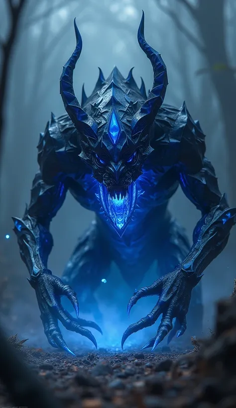 Create a monstrous hybrid entity merging Venom and a sapphire diamond into one seamless creature. Its body is dark, glossy, and crystal-like, with facets resembling a sapphire gemstone. Sharp, diamond-like fangs and claws gleam, while deep, intense blue li...