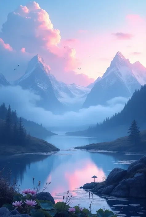 high quality, 8K UltrNatural background realistic, blank in the center, blue tone, rocks, lilies, mountain, sunset, pink sky, clouds, birds, has a small ponds far