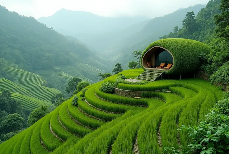 (masterpiece, HYPER DETAIL:1.2, best quality:1.2)Rice terraces concept, architectural structure, cozy, green architecture, curve