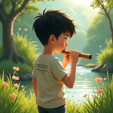 a boy is playing the bamboo the flute on a field by the river with the text "Con Nghien Thoi Sao" on his back of the T-shirt.