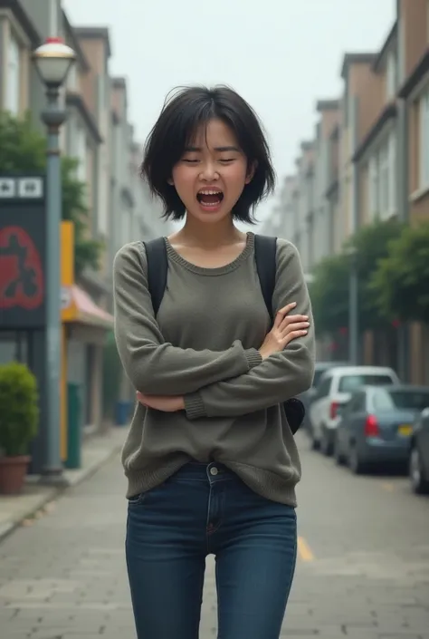  a female college student from China，Standing at the entrance of the community cursing 