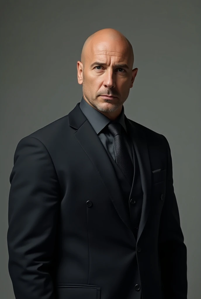 A well-built 39-year-old actor with a bald head wearing a suit