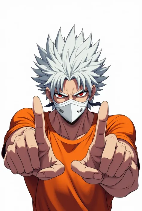 A anime male gaming logo white background orange t-shirts white hair close photo red angry one eyes white mask attitude style and show hand two finger
