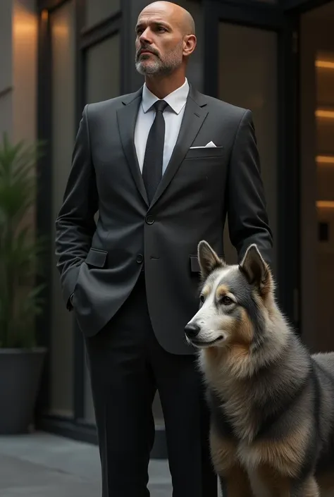 A well-built 39-year-old bald actor wearing a suit with a sheepdog