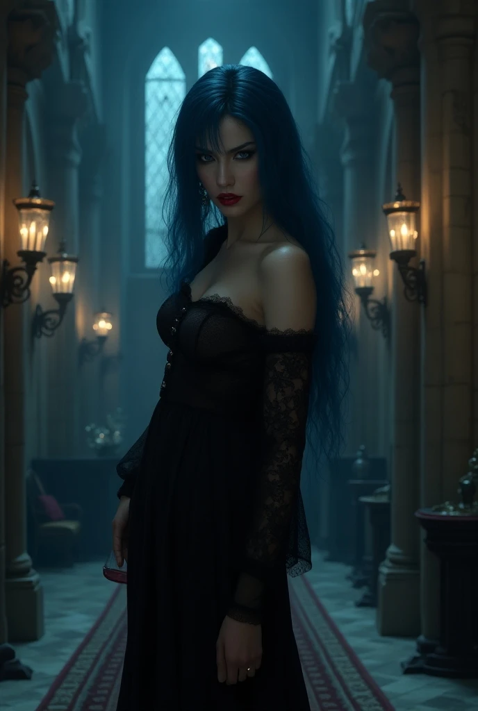 Crazy blue haired vampire girl with big boobs  in a castle 