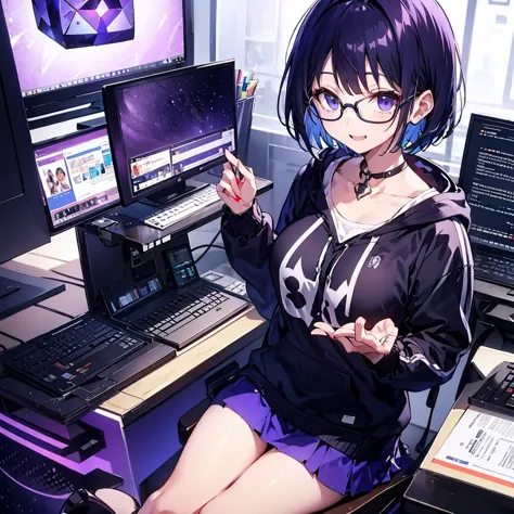 solo1.5、 High Quality、Birds-eye view from above composition 1 .7、Purple-black bob cut 、 sitting on the purple cube in front of the monitor 、 black hoodie and purple mini skirt 1 .6、 1 with a silver light cube floating in the right hand.7、voluptuous0.6、Ange...