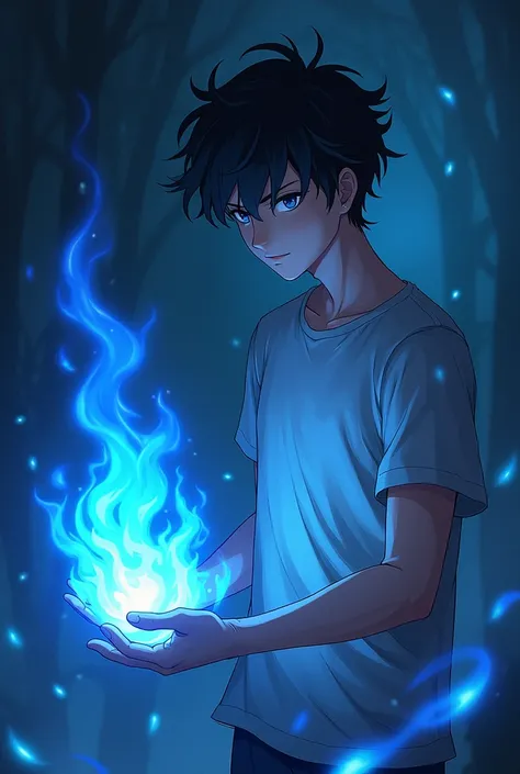 Anime boy holding blue flames in the darkness