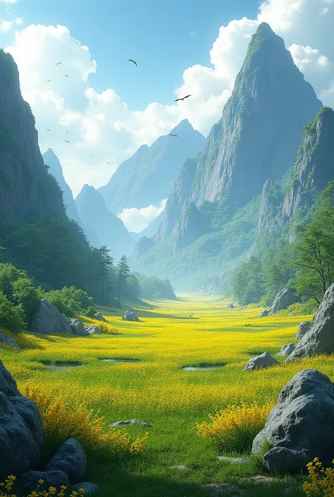 high quality, 8K UltrNatural background realistic, blank in the center, rocks, lots of Ylang Flowers, mountain, bright green tone, clouds, birds, has a small ponds far