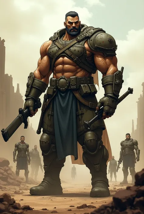 Wasteland style， anime muscle man ，Warlord leader ， owns a military group