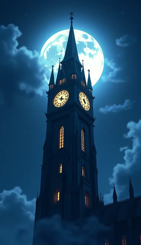 masterpiece, best quality, (night scene), gothic clock tower, full moon, moonlight, architectural details, glowing windows, dramatic angle from below, mystical atmosphere, clouds, stars, dramatic lighting, cinematic composition, (anime style), (Makoto Shin...