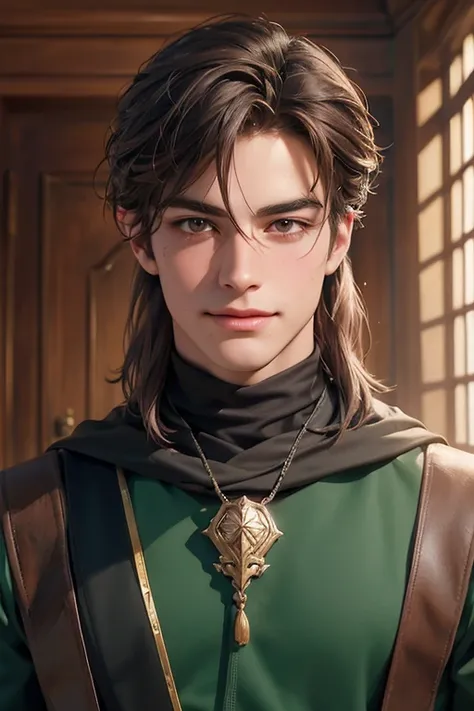 portrait front facing, of a handsome boy, handsome, a human rogue, brown hair, brown eyes, masterpiece, intricate, best quality, anime eyes, private school outfit detailed interiors private school, detailed character, dynamic pose (absurdres, highres, ultr...