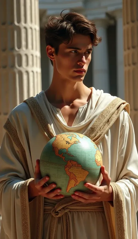 An young man is looking at the globe  in his hand and thinking in ancient greek time in ancient dress