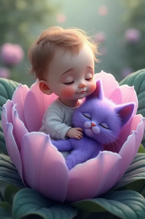 Un bébé qui tient dans ses bras un chat violet aussi sur une fleur