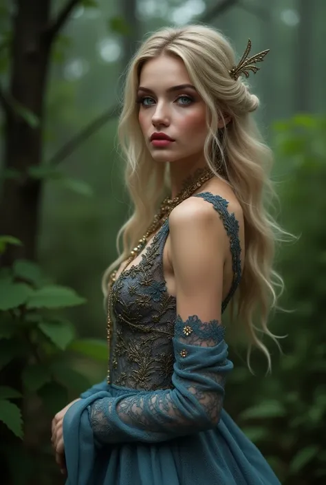 portrait of a beautiful female model, blonde hair, soft skin, blue eyes, fantasy makeup, red lips, long dress with bronze details and blue and gold starpumk lace full body in a forest and with a sensual and sexy pose. realistic, realistic. . in Super 8K, s...