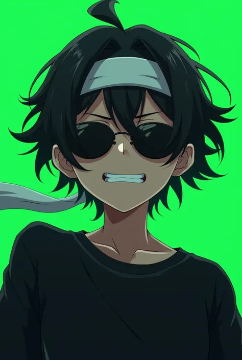 Young anime ,  with semi-short black hair , white band on the head, black sunglasses,  black long sleeve shirt smiling wicked,  with an upward perspective, and green background  