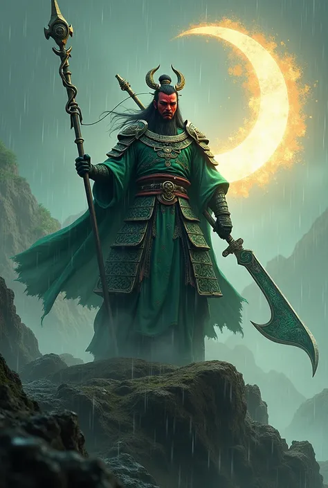 Real images with realistic details. CGI effects that are amazing. In the legend of the Three Kingdoms With a red -long -black face wearing an ancient Chinese armor with a green robe over the hill, holding the blade, curved blades, half -crescent moon, a la...