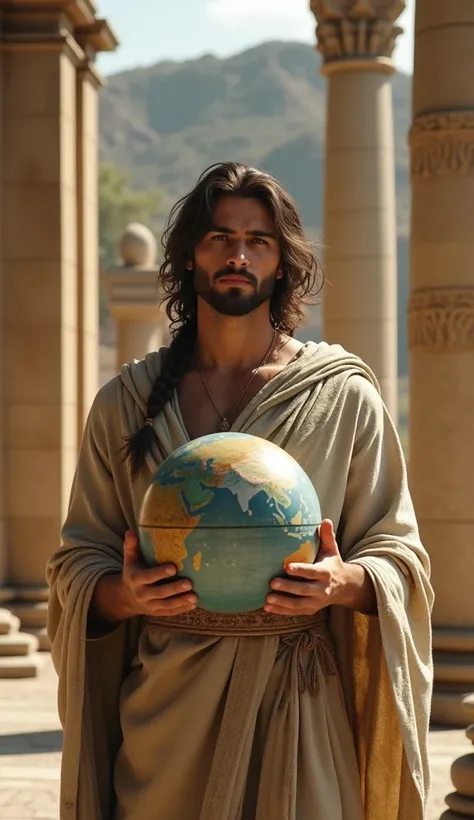 An young man is looking at the globe  in his hand and thinking in ancient greek time in ancient dress with beard and long hair.