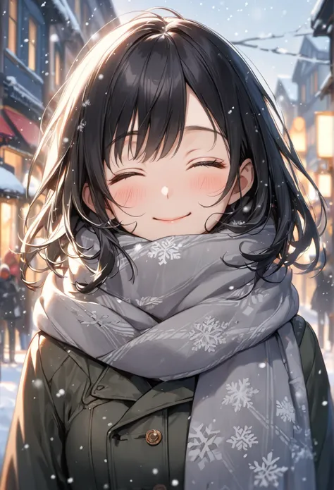 Close-up of the upper body (masterpiece, top) "Hana-chan has short black hair, beautiful eyes and is wearing a long scarf. She is standing in town where the first snow has just started to fall. Despite the cold, she is smiling cheerfully. She is breathing ...