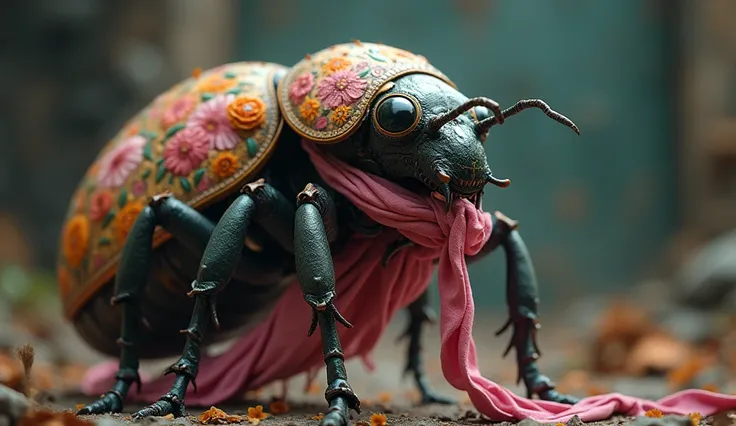 floral beetle wearing a (long:1.2) pink (scarf:1.3), a beetle with arms and a head, (dark shot:1.17), epic realistic, faded, ((neutral colors)), art, (hdr:1.5), (muted colors:1.2), hyperdetailed, (artstation:1.5), cinematic, warm lights, dramatic light, (i...