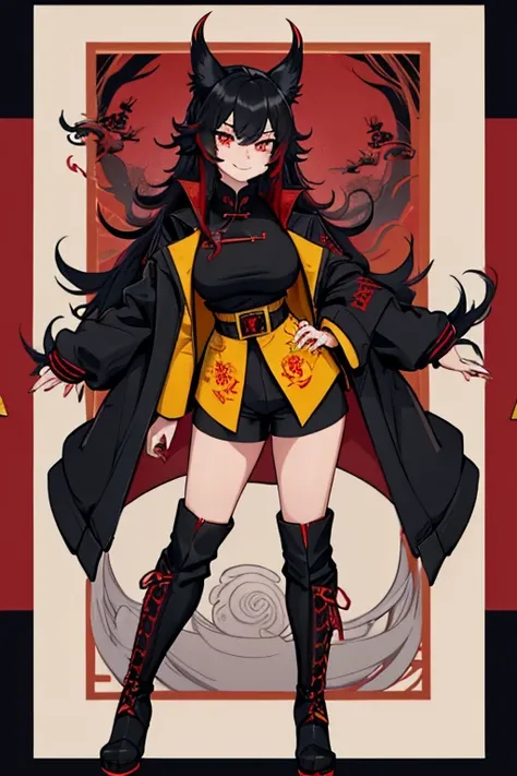 female, black long hair, red eyes, black wolf ears, black wolf tail, (((1girl))), (((black Chinese style jacket with red and yellow dragon designs))), (black shorts), (red long sleeve shirt), (black knee high boots), cute and sexy, full body, big breasts, ...