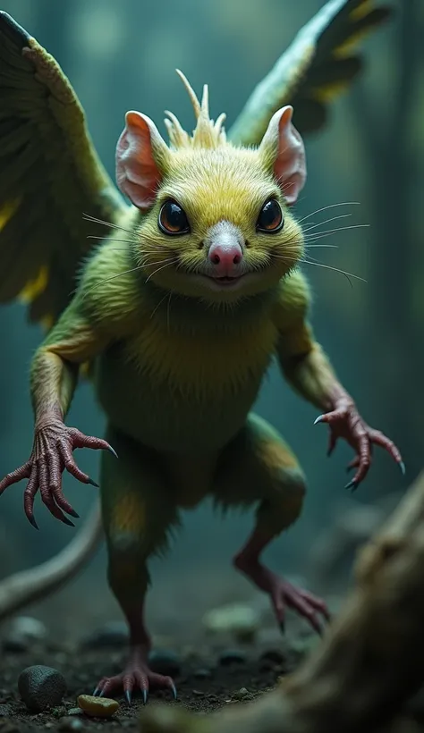 "Create a dangerous, monstrous hybrid creature that combines features of a mouse and a parakeet. This creature should look fierce and intimidating, blending the mouse’s body shape and fur with the parakeet’s beak, wings, and vibrant feathers. The creature ...