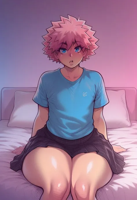 score_9, score_8_up, score__7_up, 1femboy, solo, mature female, massive body, massive ass, massive legs, massive hips, bodysuit, blondie hair straight, japanese skirt pink, blue t shirt, sitting on bed, on bed, front view of character, made by melkor manci...