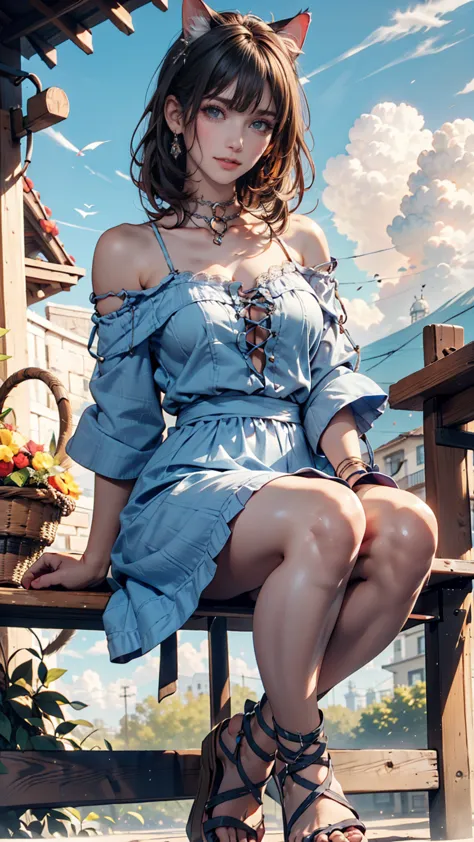 cat beckoning pose (meow meow)、 off-the-shoulder summer dress(mini length)、 lace up sandals 、blue sky、cloud