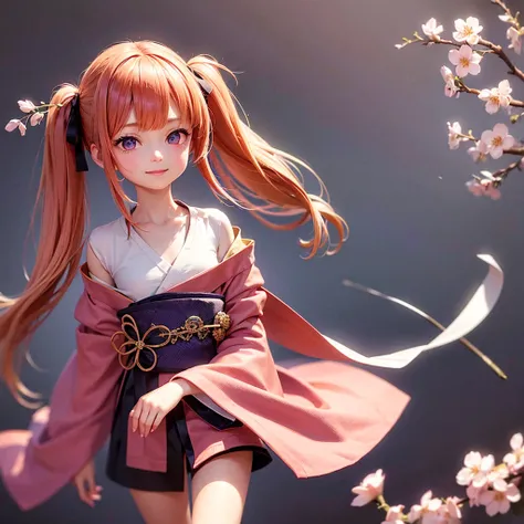 1girl, solo, full body, beautiful illustration, happy smile, cute girl, pastel color, petite body, flat chest, red hair, BREAK, low twintail hair, blunt bangs, wearing pink kimono with long hanging sleeves worn, cherry blossom pattern, expose, glossy eyes,...