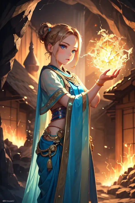 (masterpiece), best quality,  perfect face, expressive eyes,(glittering outfit made of bismuth crystal), chignon, standing around ethnic houses,lightning from her hand,in cave, fantastic atmosphere,