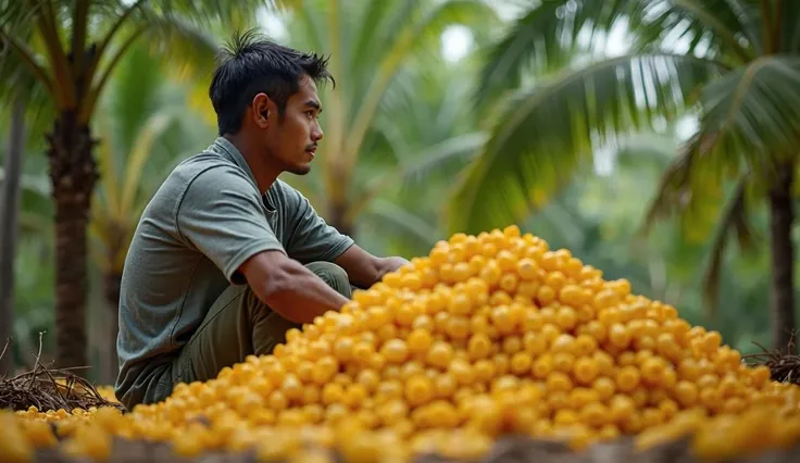 
 Visible from afar ,  of a 25-year-old Indonesian man.  short-haired black,  sitting in a palm grove ,  and is greeted by a pile of palm oil.  Shows a tired expression of work , However, it survives ,  realistic HD photo 