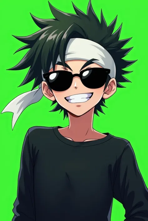  Young anime , con corte de pelo low fade,  white headband ,  black sunglasses ,  black long sleeve shirt and smiling wicked,  with top angle, and green background  