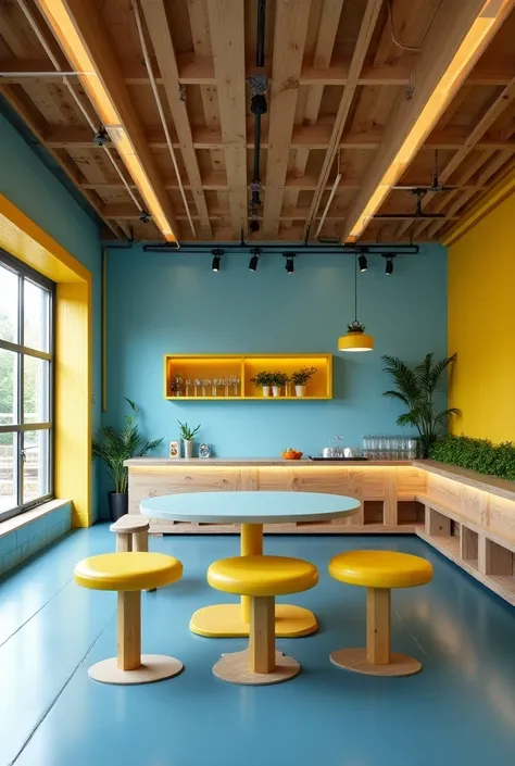 peux-tu me proposer un style de décoration pour snack bar dans un complexe de padel. le lieu est pas très grand avec des meubles différents. On veut un peu de touche de bleu foncé et de jaune. Le nom du complexe sappelle Frenchy Padel