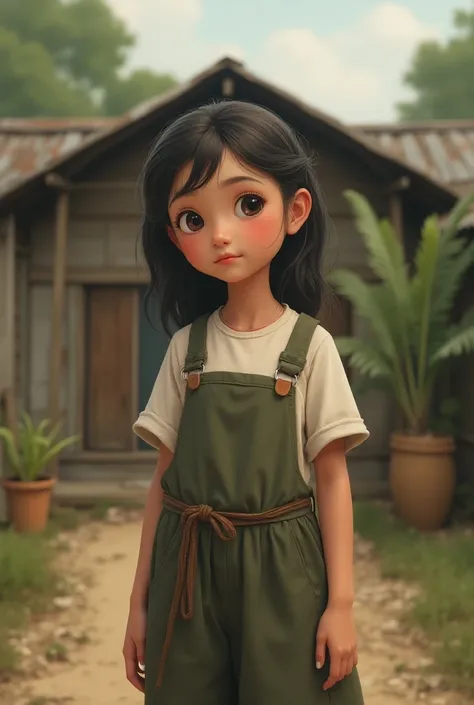 
"A young, hardworking girl from a modest household, dressed simply, in a small, humble house with her family. Her mother is a homemaker, and her father works a simple job. The setting is peaceful and portrays a supportive, loving family."
