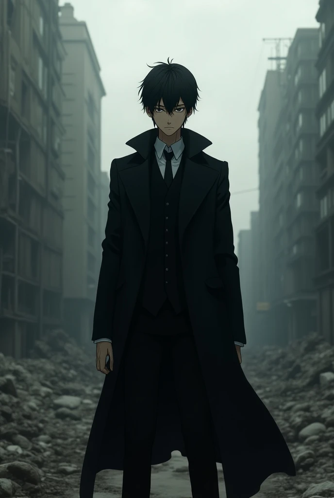 Wasteland style，The end is coming，腹黑动漫男主，Thin，Very high，Very cool，Dark anime male protagonist wearing a black coat 