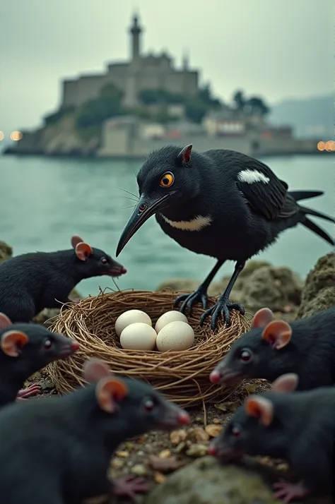 Rats attacking an alcatraz nest with 3 eggs an alcatraz defending the nest